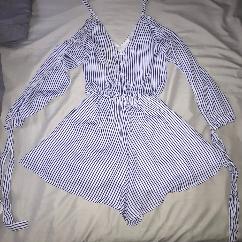 Striped romper with off the shoulder long sleeve